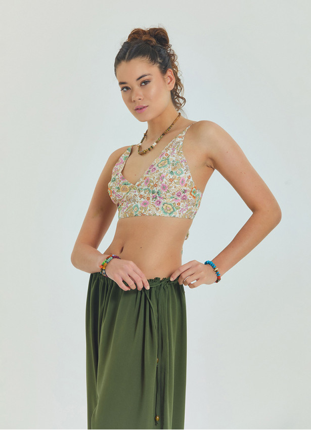 Green Women's Casual Trousers with Adjustable Waist and Rope Detail 4580